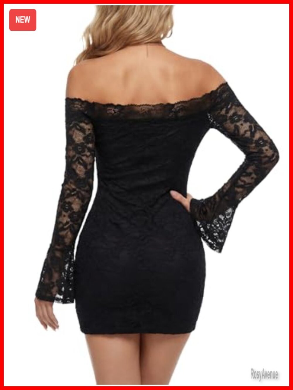 Floral Lace Off Shoulder Bell Long Sleeve Bodycon Mini Dress Club Night Out - Picture 5 of 7